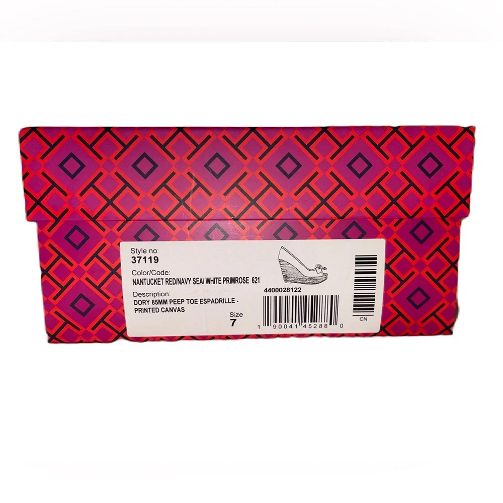 Tory Burch Dory Nantucket Red Navy Sea White Primrose Peep Toe Espadrille Wedges - Picture 13 of 15